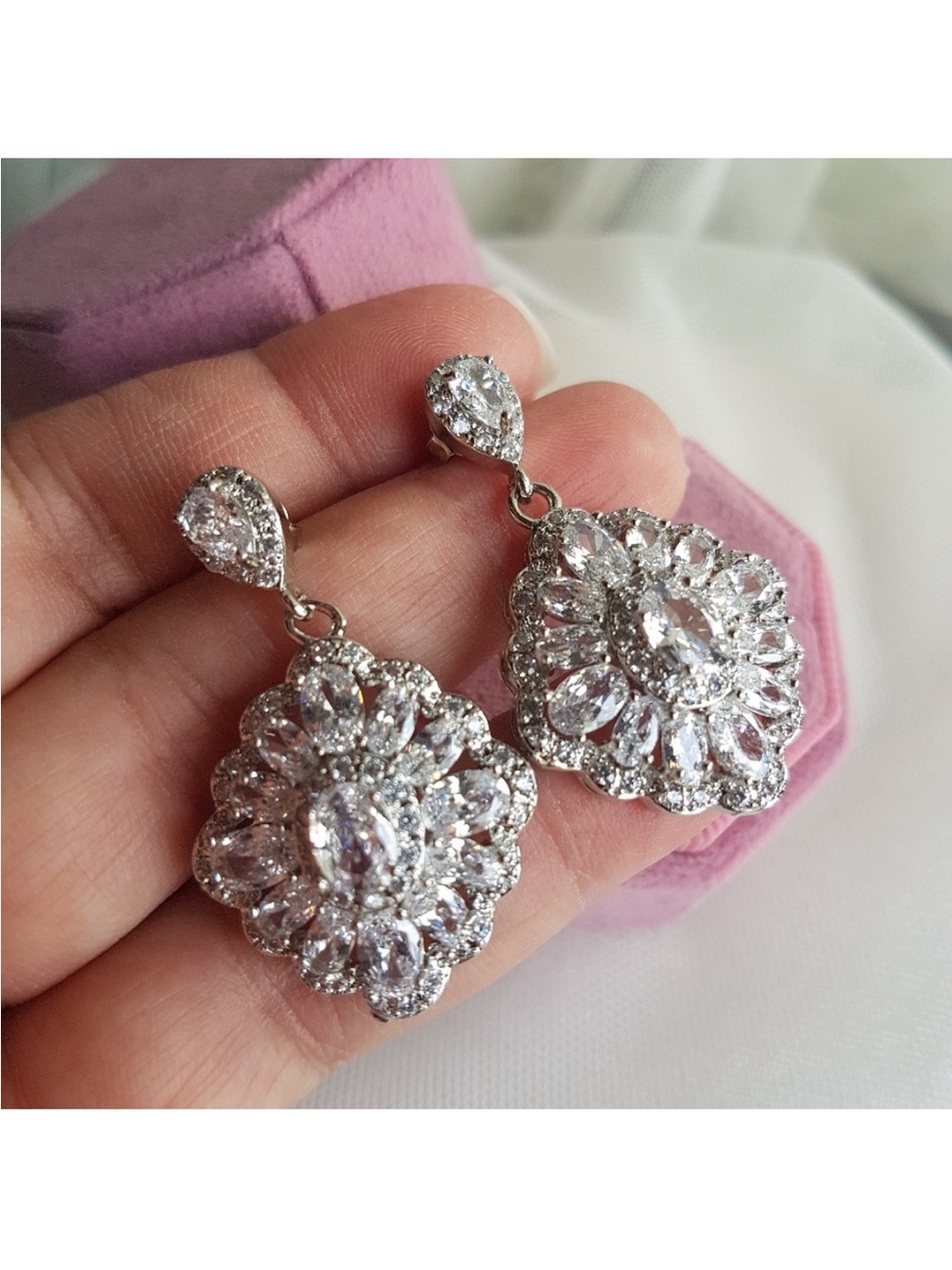 Swarovski Elements 925 Sterling Silver Flower Halo Statement Earrings NEW - Picture 13 of 16